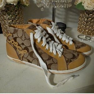 Coach Tan/Brown Signature Canvas High-Top Sneakers